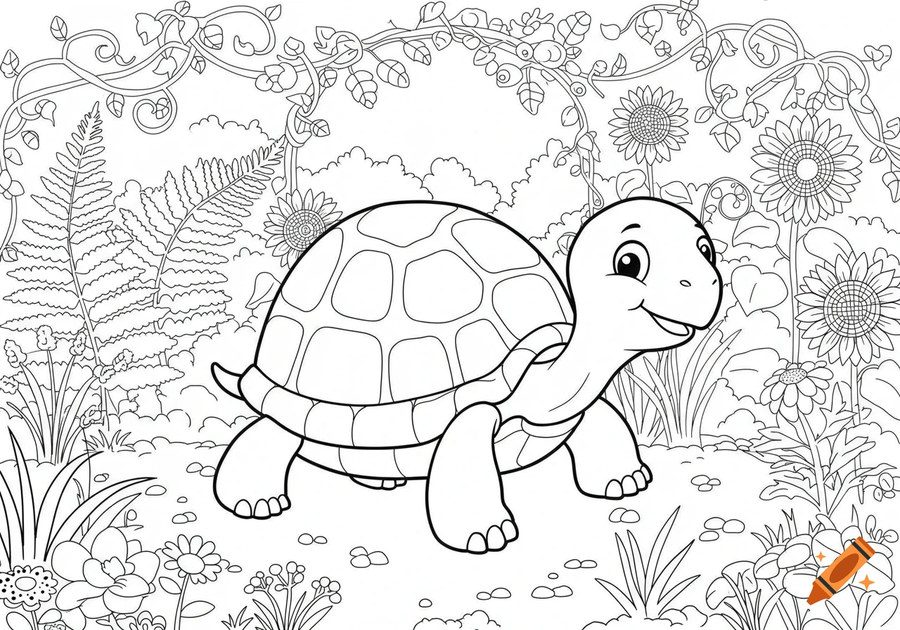 A happy cartoon turtle in a garden with sunflowers and ferns, line art for a coloring book.