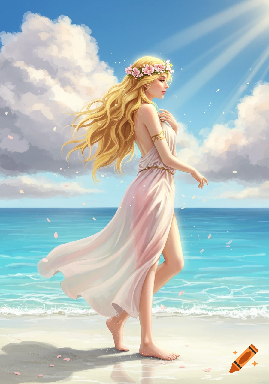 A gracefully walking woman with long blonde hair and a flower crown, wearing a flowing white gown on a sunny beach by the blue ocean.