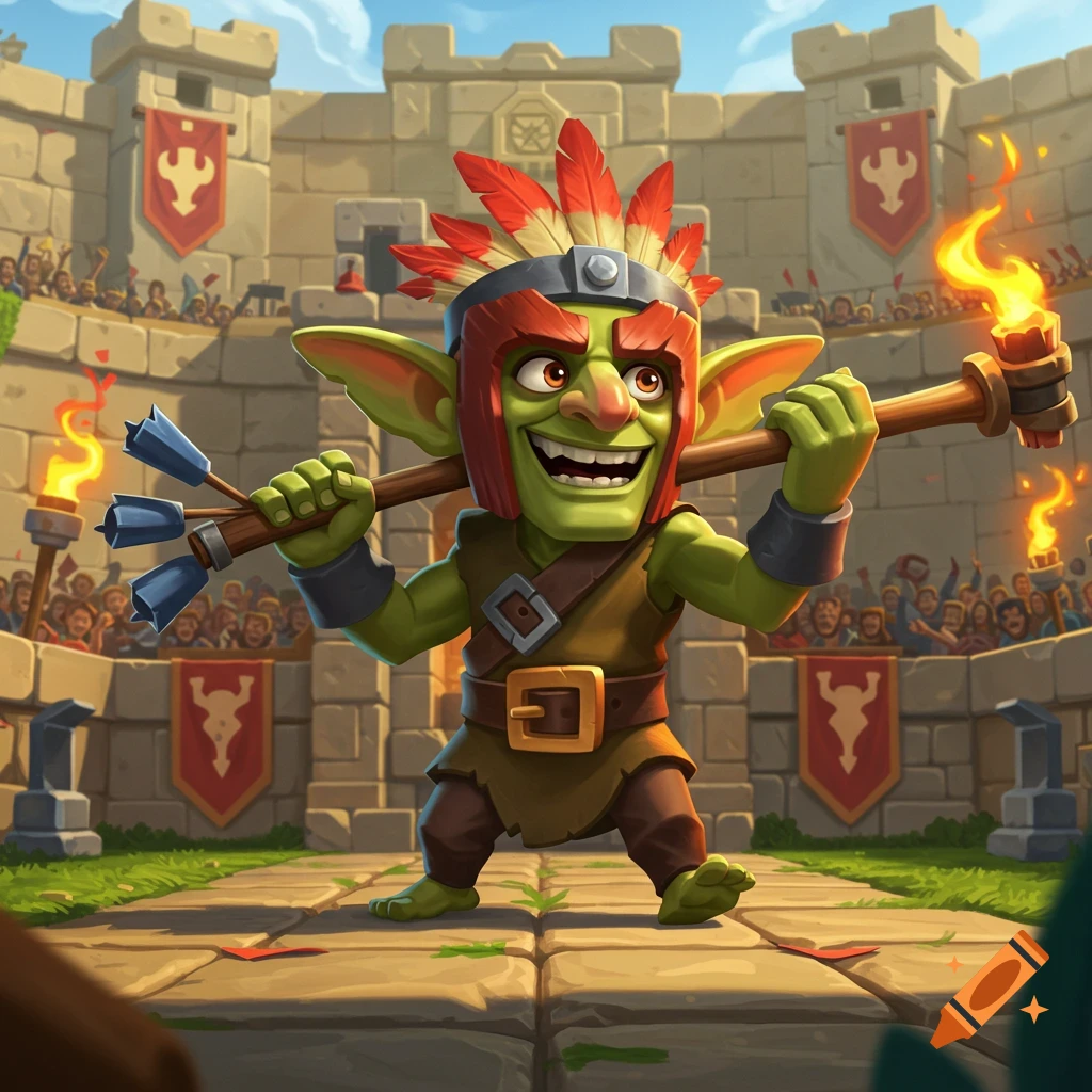 A cartoon goblin character wearing a helmet with red feathers, holding a large torch and arrows, stands in a stone arena filled with cheering spectators.