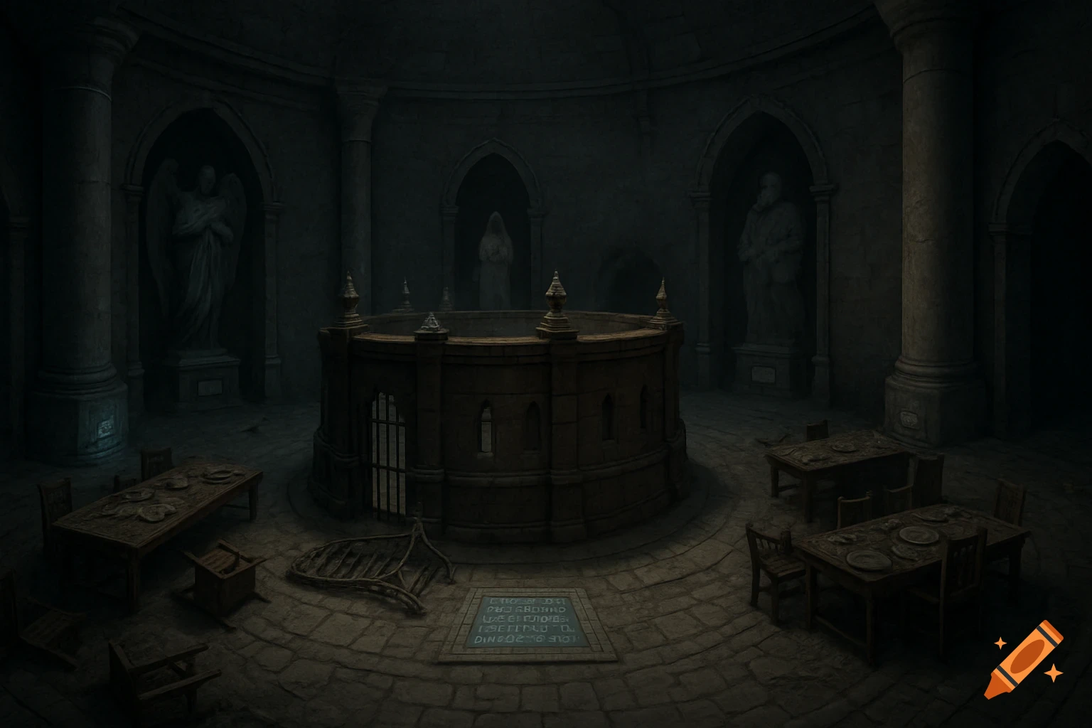 A dark, atmospheric stone chamber with columns, statues in alcoves, a central circular structure, and overturned tables.