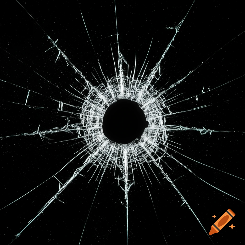 A clear, detailed image of a bullet hole in glass with radiating cracks, set against a solid black background.