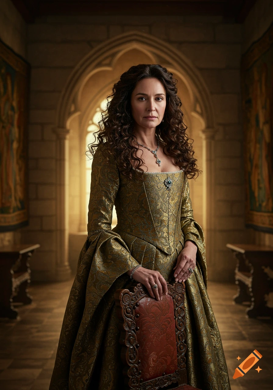 Photorealistic portrait of a woman with dark curly hair in a gold historical gown, holding a carved chair in a grand hall.