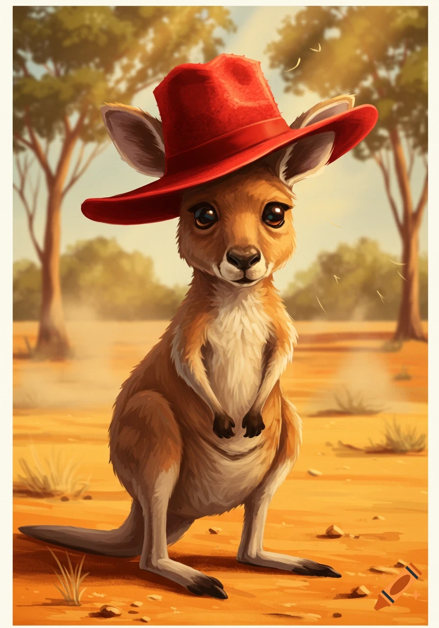 A cute cartoon kangaroo wearing a red hat stands in a dusty field with trees in the background.
