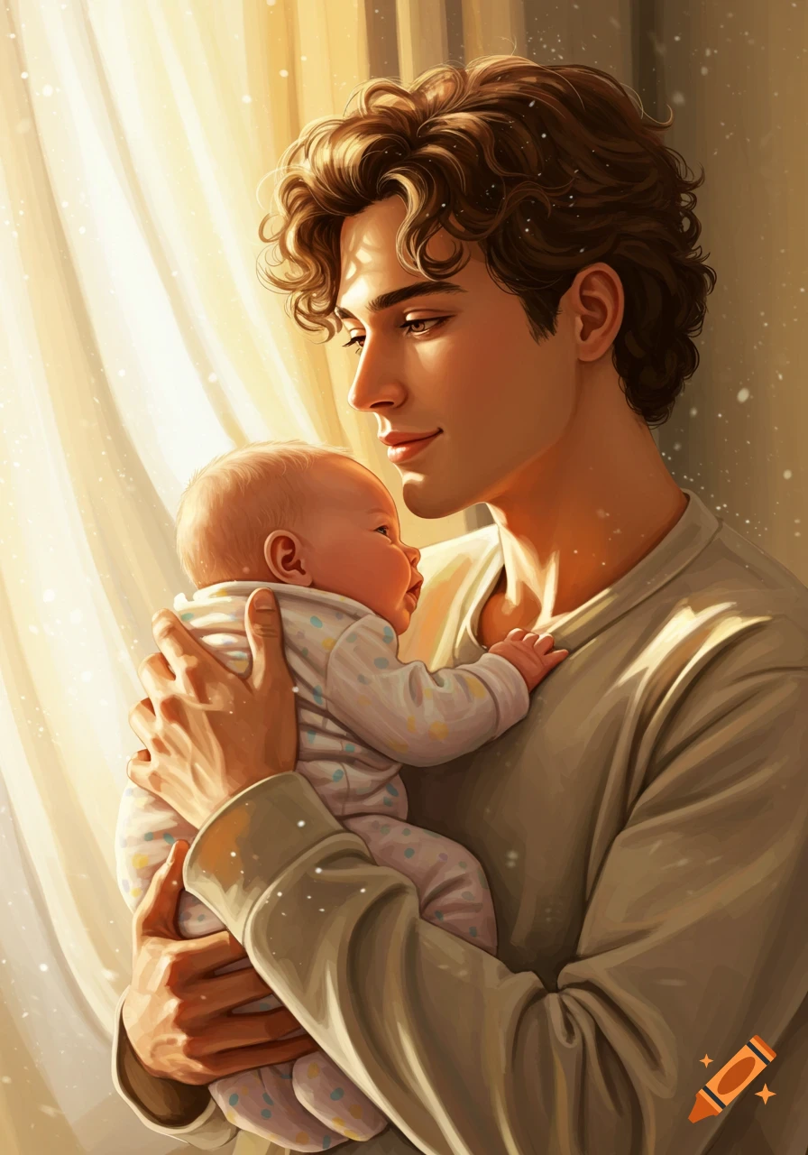 A warmly lit illustration of a man with curly hair cradling a baby, bathed in golden sunlight.