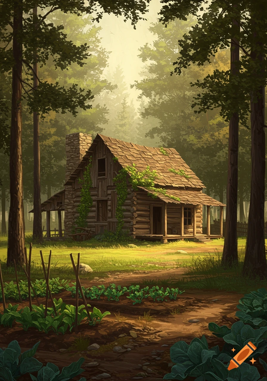 A rustic log cabin with a stone chimney sits in a sunlit forest clearing next to a garden plot.
