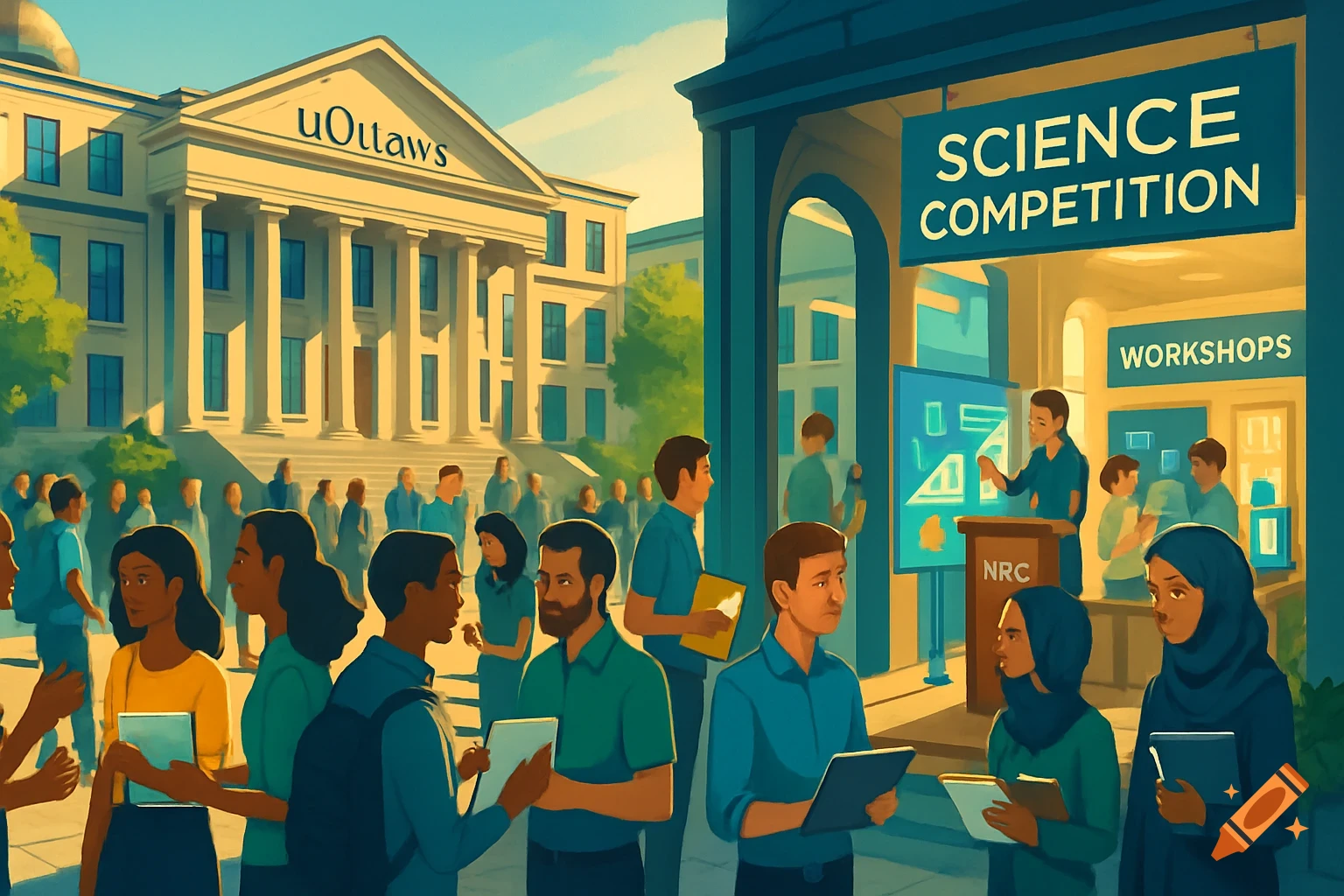 An outdoor science competition or conference at a university, with diverse students and professionals mingling, attending workshops, and presenting.