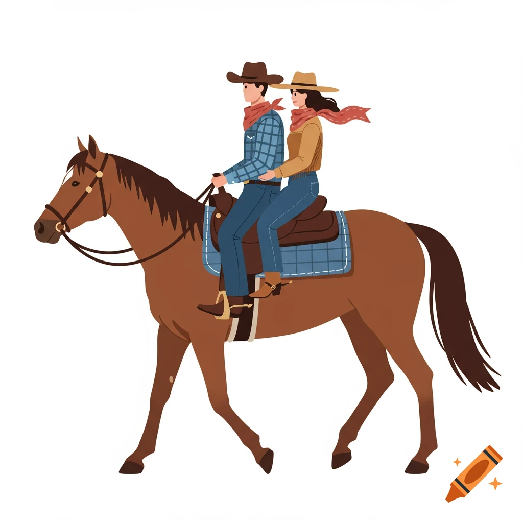 A cowboy and cowgirl in hats and scarves riding a brown horse in a simple, flat illustration style.