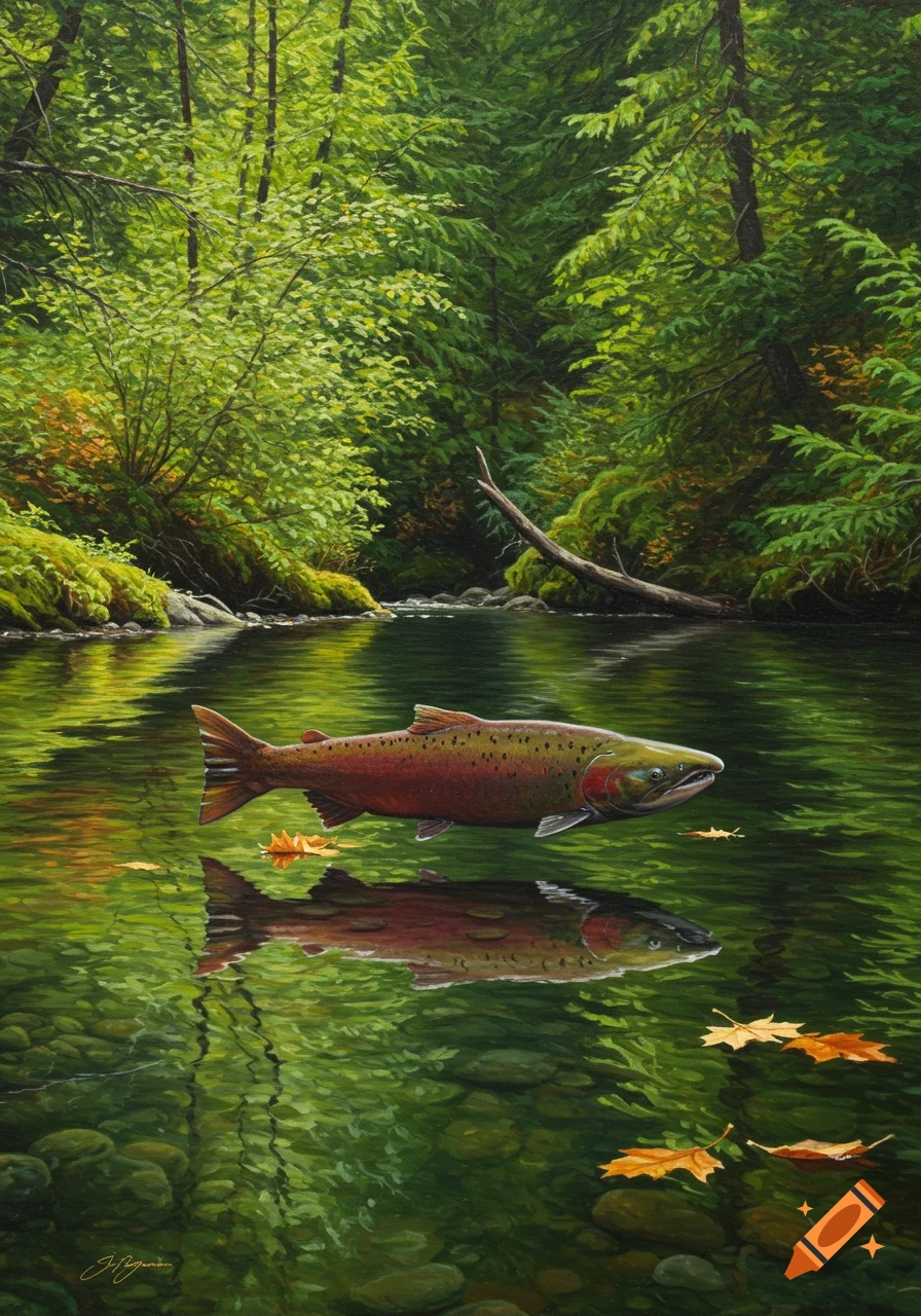 A large spawning salmon swims in a clear green river surrounded by a lush forest, depicted in a detailed painting.