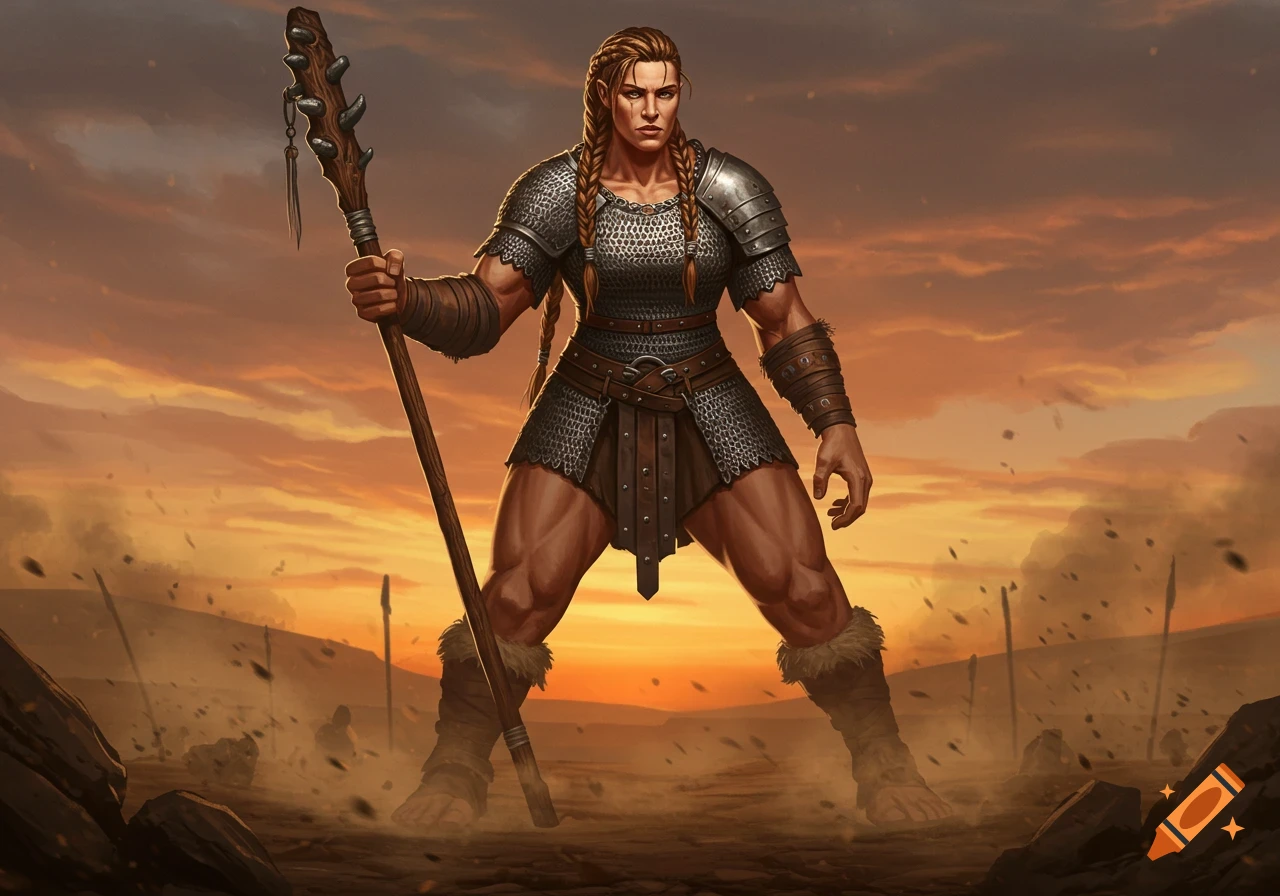 A muscular female warrior with braided hair in chainmail armor holds a quarterstaff, standing in a dusty landscape under an orange sunset.
