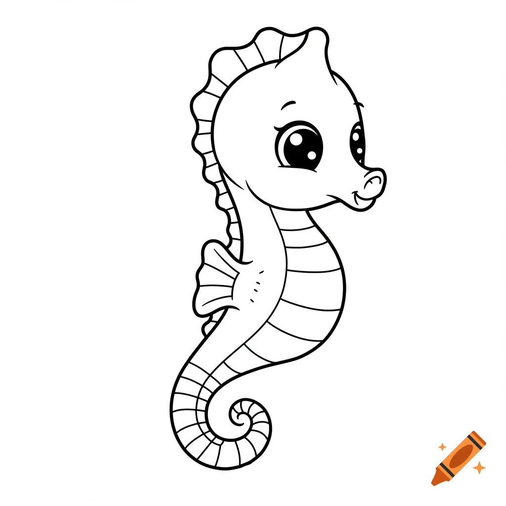 A cute black and white cartoon line art drawing of a baby seahorse with big round eyes and a curled tail.