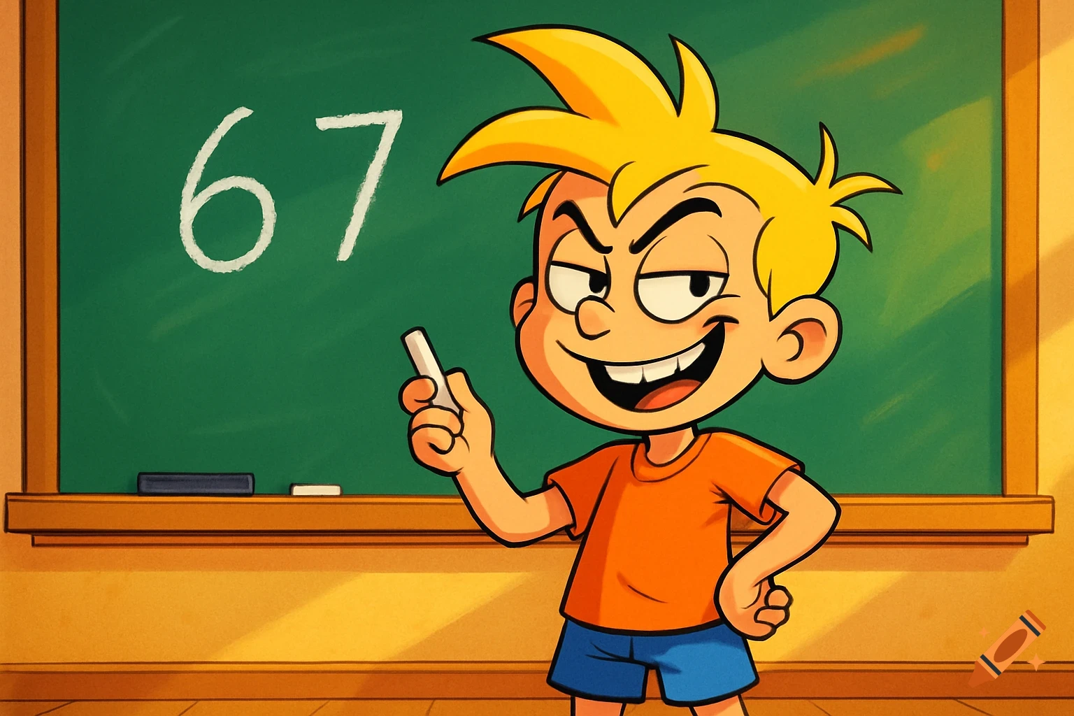 A mischievous cartoon boy with spiky yellow hair stands in front of a green chalkboard, holding chalk. He has written '67' on the board.