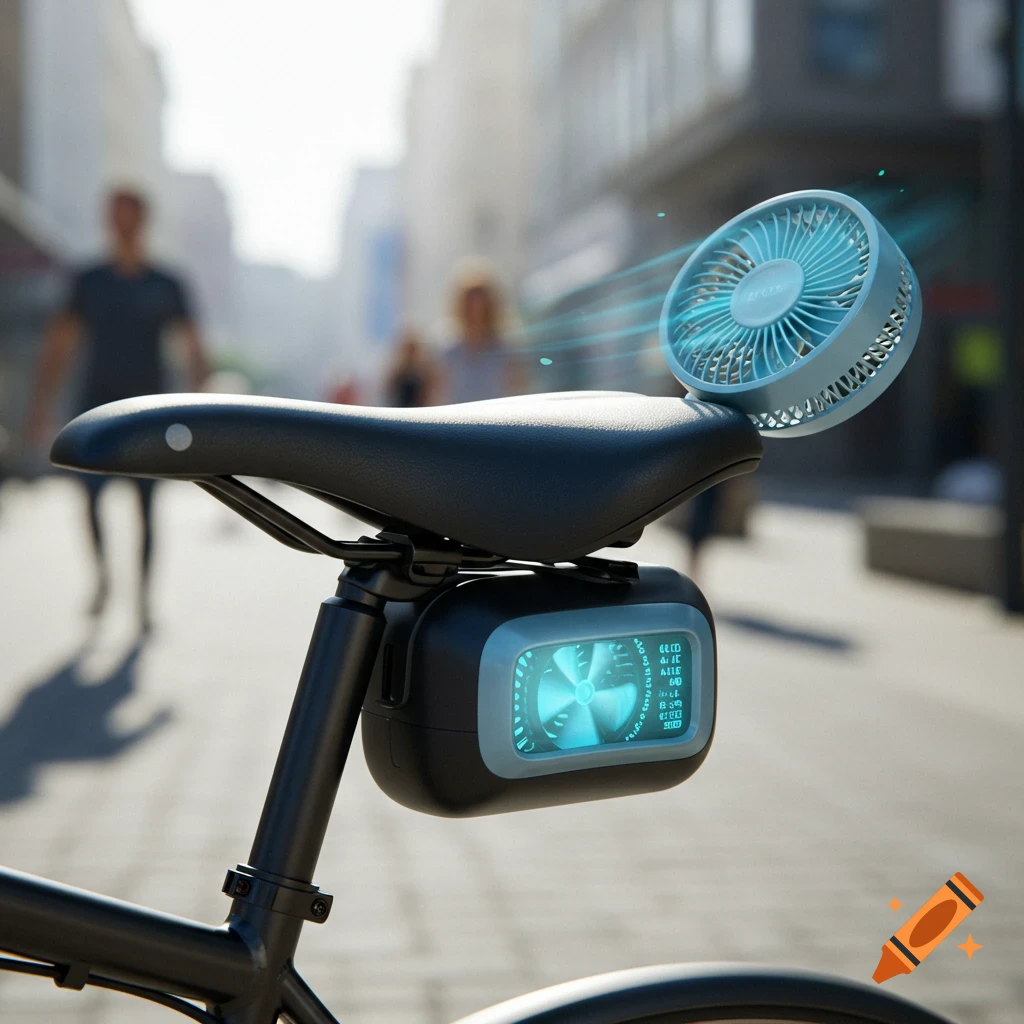 A bicycle seat with a light blue fan attached to the back and a cooling unit with a glowing fan beneath it, on a city street.