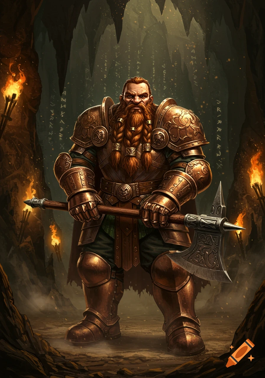 A heavily armored dwarf warrior with a braided red beard stands holding a large axe in a torchlit cave.
