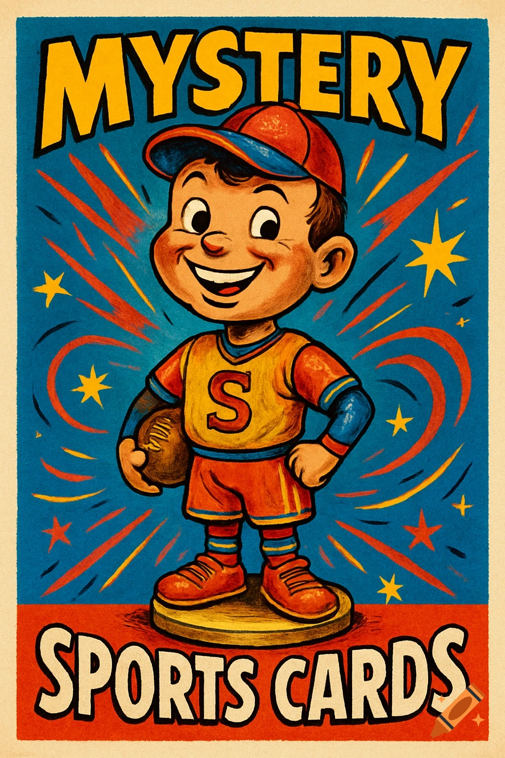 A vintage-style poster for "Mystery Sports Cards" features a grinning cartoon boy in a baseball cap holding a football.