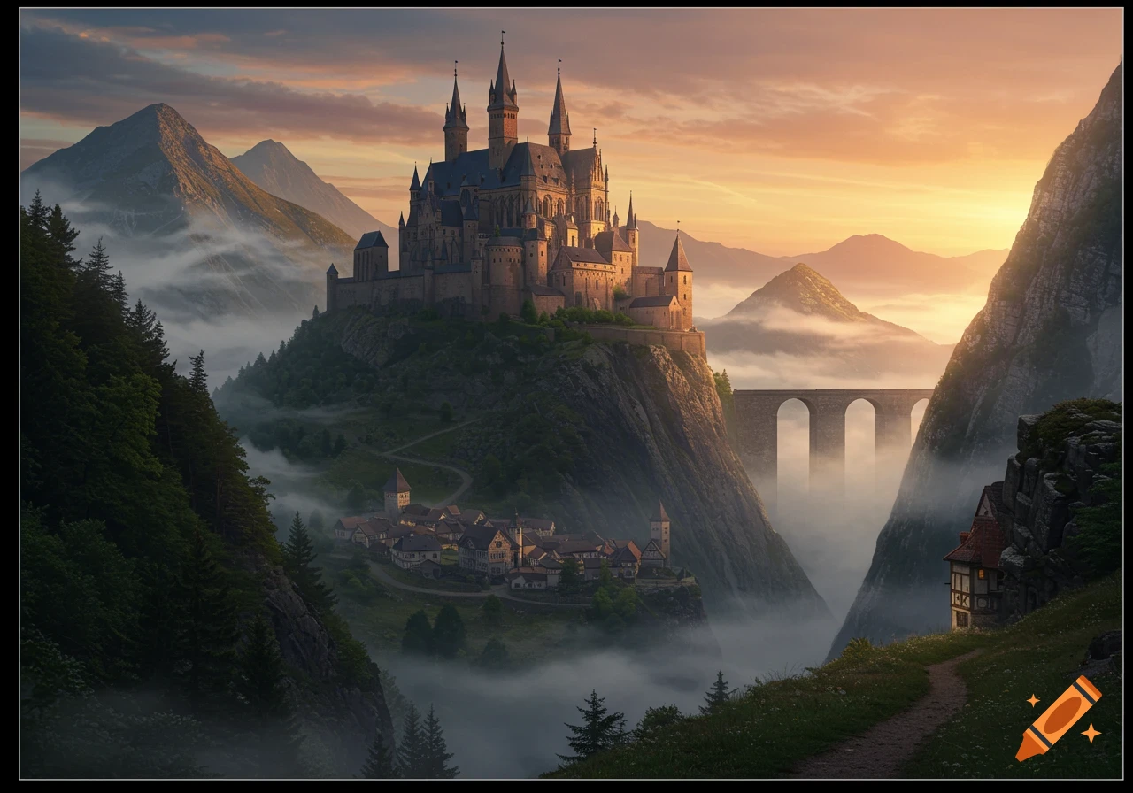 A grand castle on a mountain peak, overlooking a foggy valley with a village and bridge at sunset.