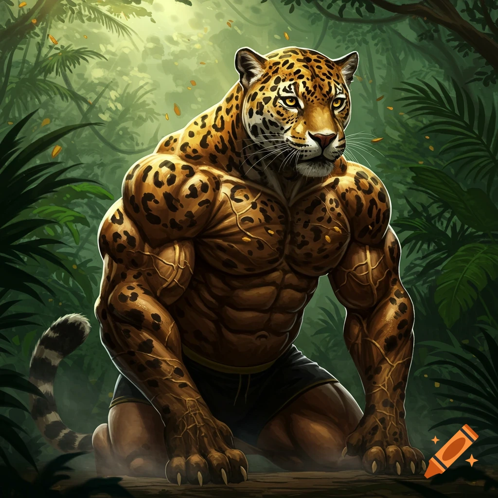 A highly muscular, anthropomorphic jaguar in black shorts kneels on a log in a lush jungle.