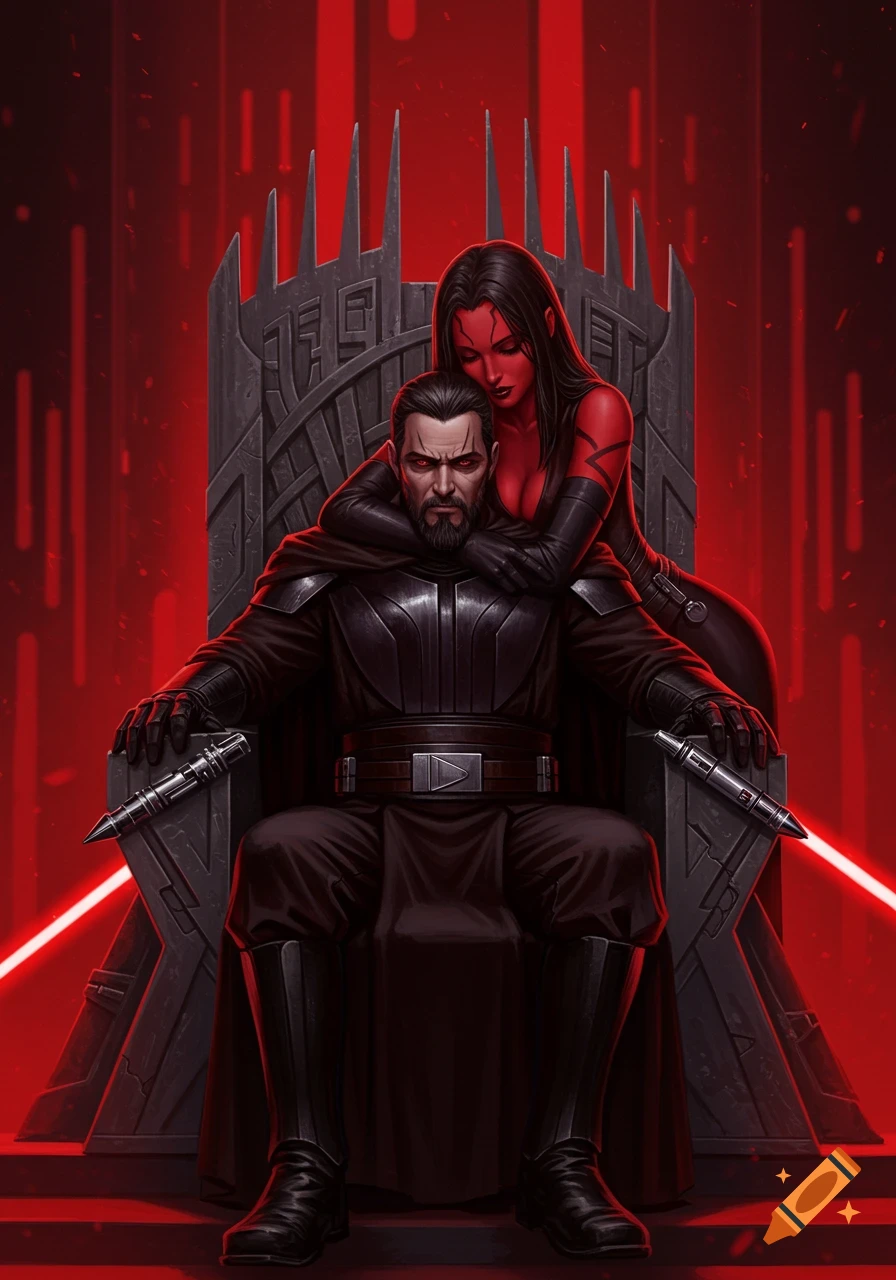 A bearded man in dark Sith armor sits on a throne, embraced by a red-skinned woman in a low-cut uniform, with red lightsaber glows. Digital art.