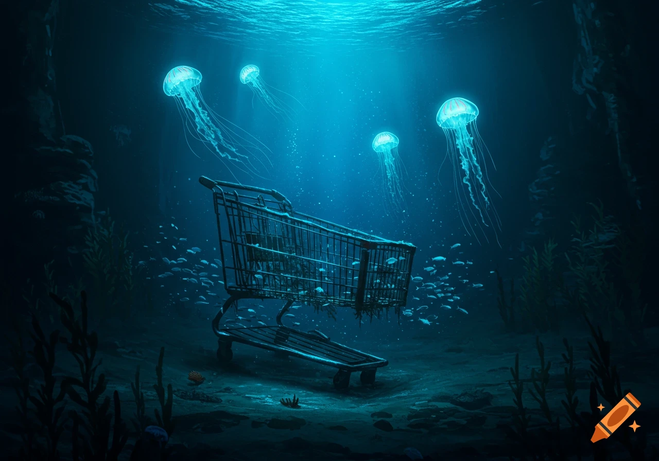 A shopping cart rests on the ocean floor, surrounded by fish and illuminated jellyfish, with light beams piercing the deep blue water.