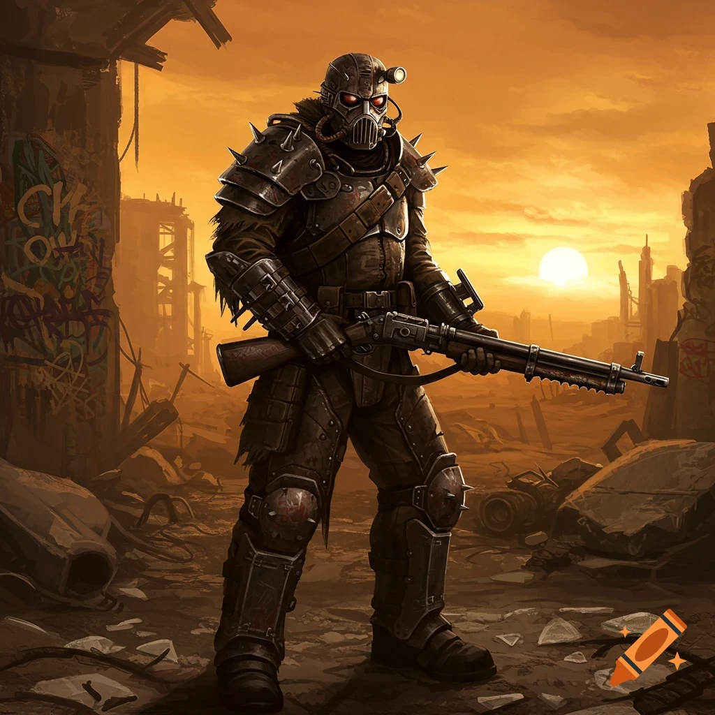 A post-apocalyptic warrior in spiked armor and a gas mask with red eyes stands holding a rifle in a ruined city at sunset.