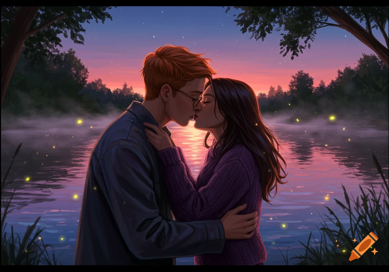 A man and woman sharing a kiss by a river at twilight with fireflies, in a digital art style.