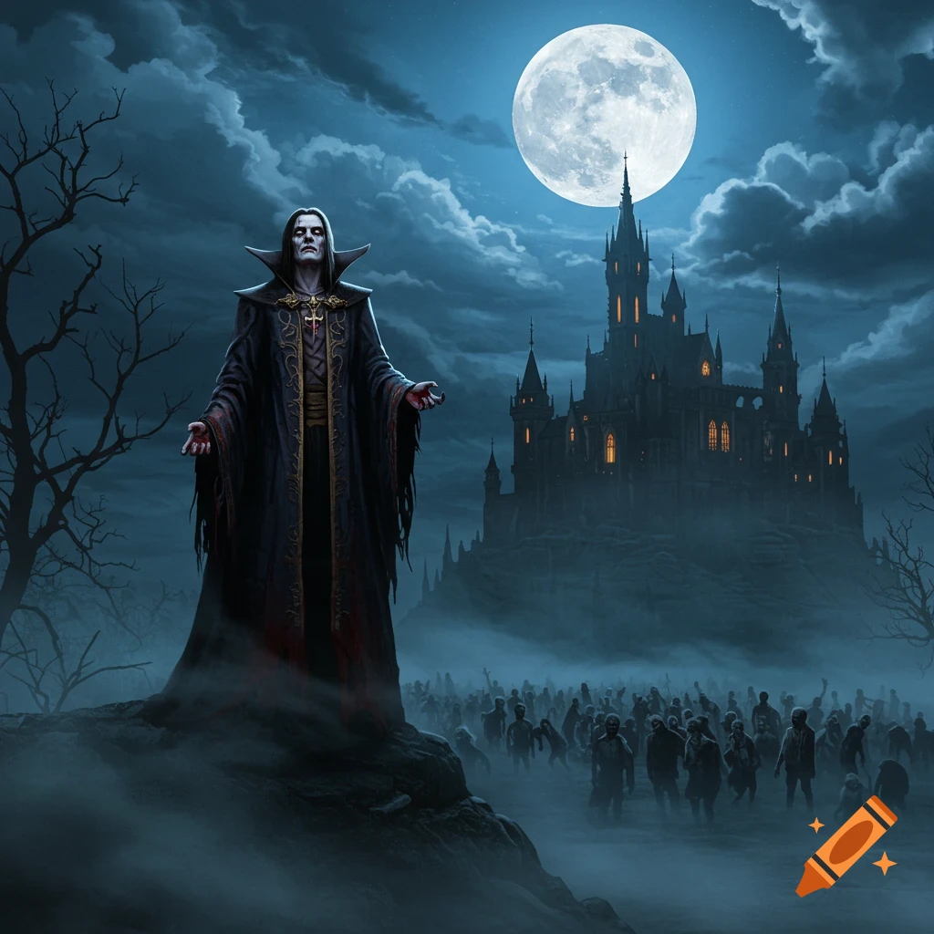 A vampire lord stands on a hill overlooking a zombie horde, with a gothic castle and full moon in the background.