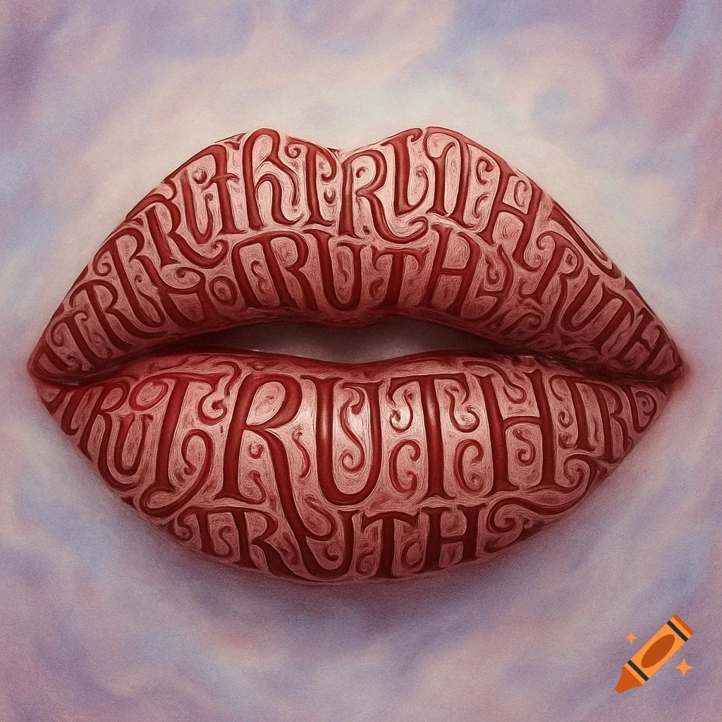 Close-up of a pair of stylized lips formed entirely by the word 'TRUTH' repeated in an ornate, reddish script on a light, cloudy background.