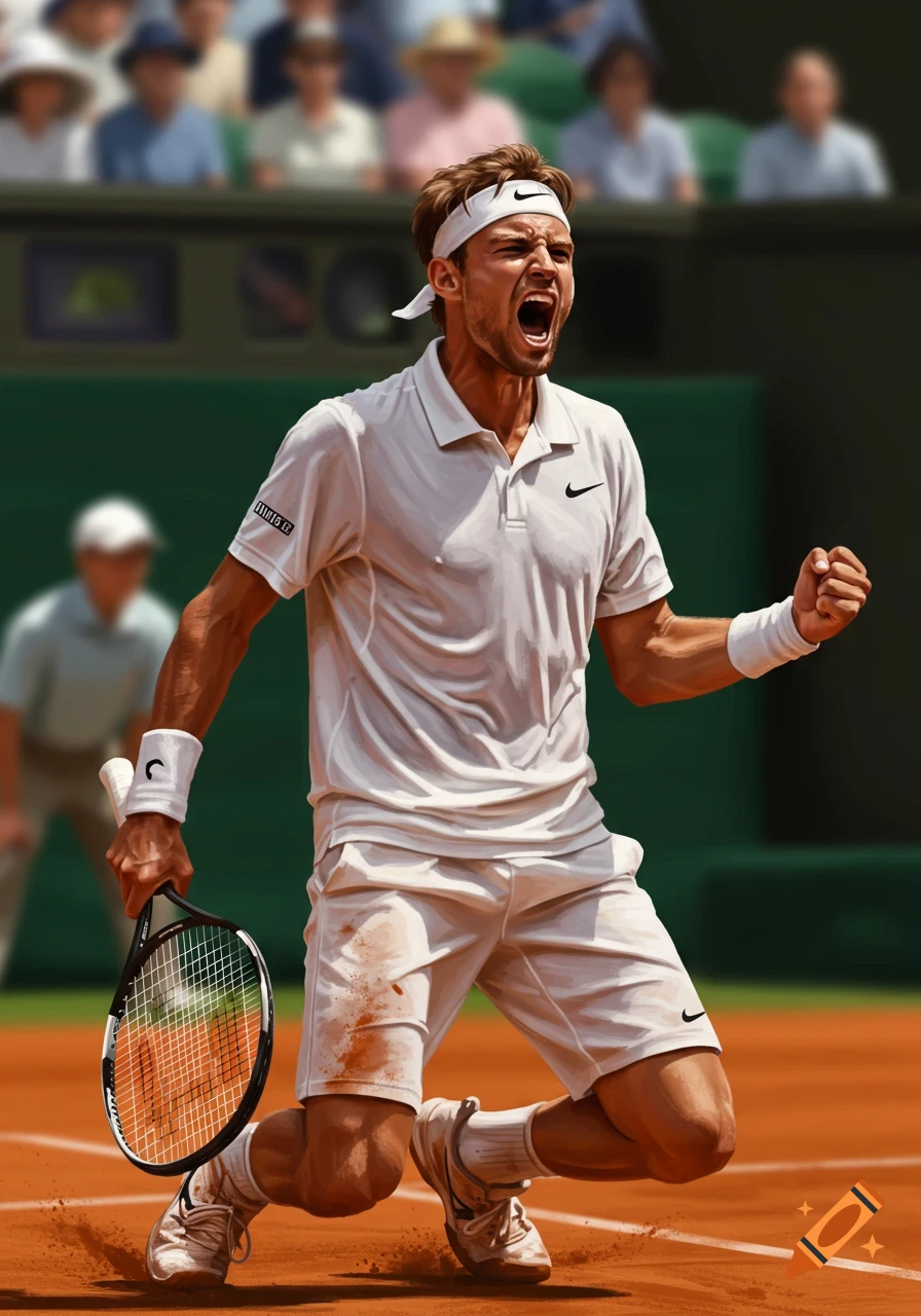 A male tennis player in white, on a clay court, celebrates a shot with an open mouth yell and clenched fist, covered in dirt and sweat.