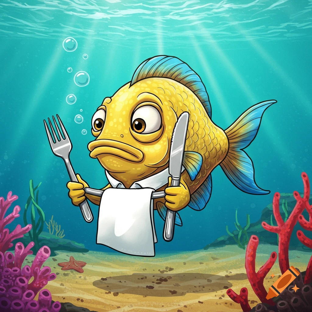 A yellow cartoon fish wearing a napkin and holding a fork and knife, floating underwater.