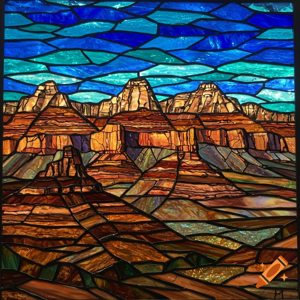 Stained glass art depicting a panoramic view of layered mountains under a blue and teal sky.