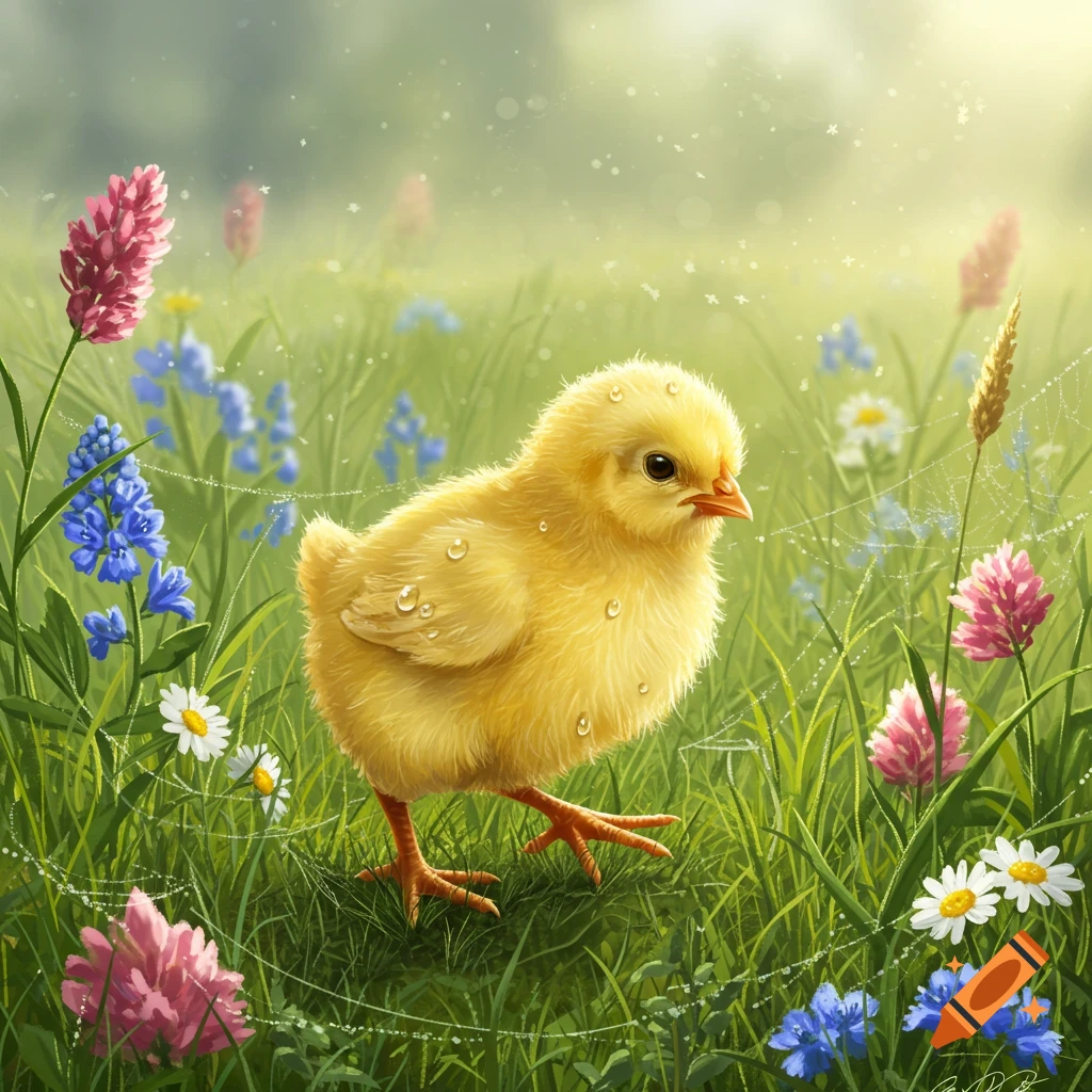 A fluffy yellow chick with water droplets on its feathers stands in a vibrant green meadow filled with pink, blue, and white flowers.