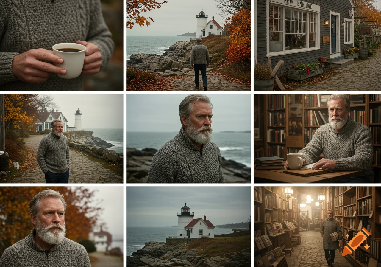 Photorealistic collage of an older man in New England, featuring coastal landscapes with a lighthouse, autumn foliage, and a bookstore.