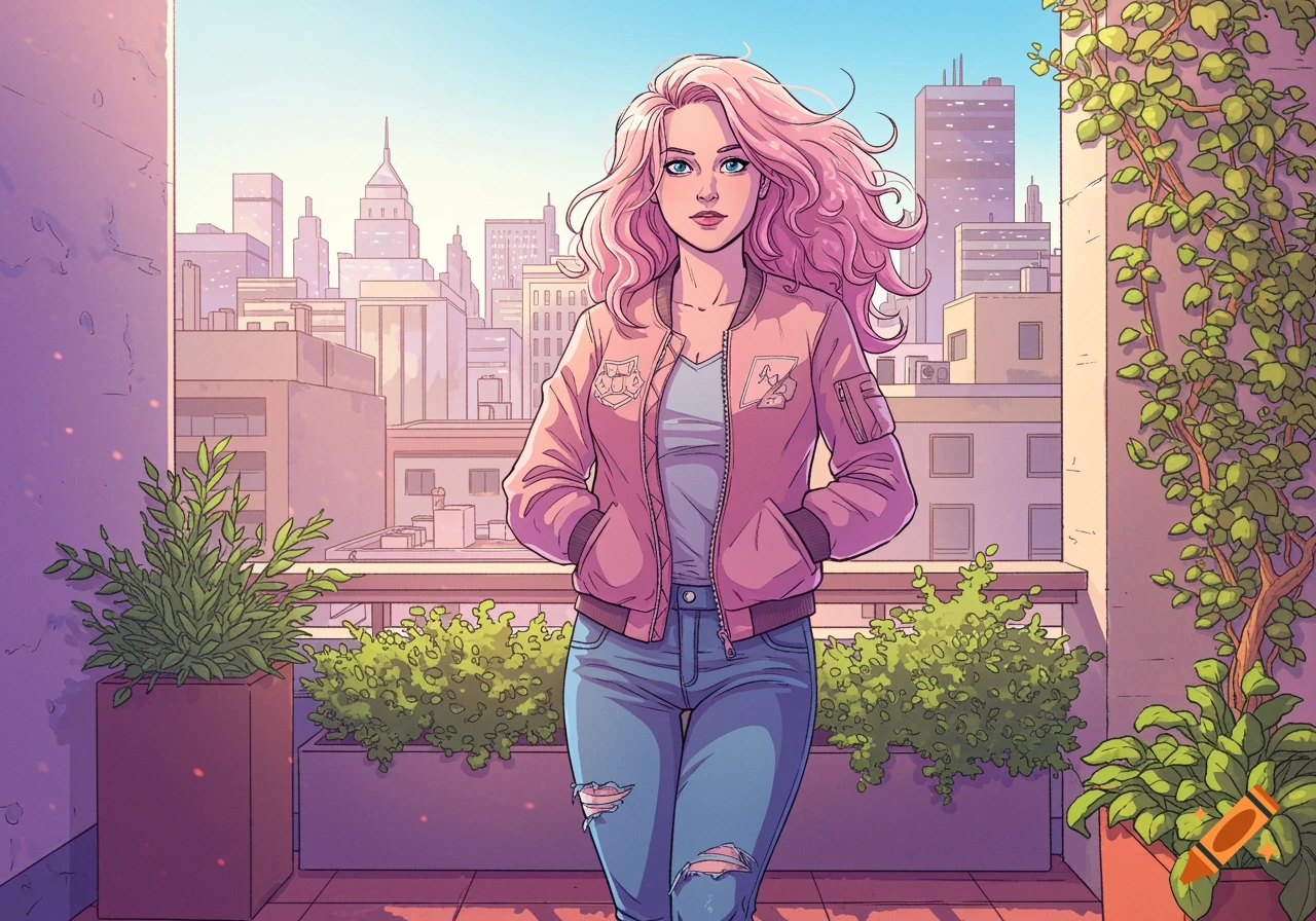 A comic-style image of a young woman with wavy pink hair, wearing a pink bomber jacket and ripped jeans, standing on a balcony overlooking a city.