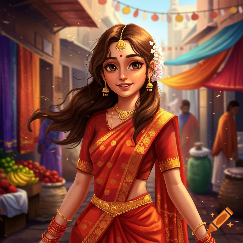 Stylized illustration of a young Indian woman in a red saree and gold jewelry, smiling in a vibrant market.