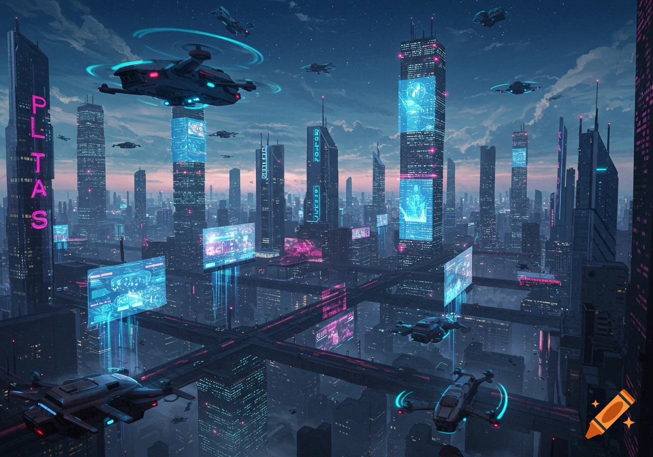 A vibrant futuristic cityscape at dusk, featuring towering neon-lit skyscrapers, glowing holographic screens, and flying vehicles over elevated roads, in a detailed sci-fi art style.