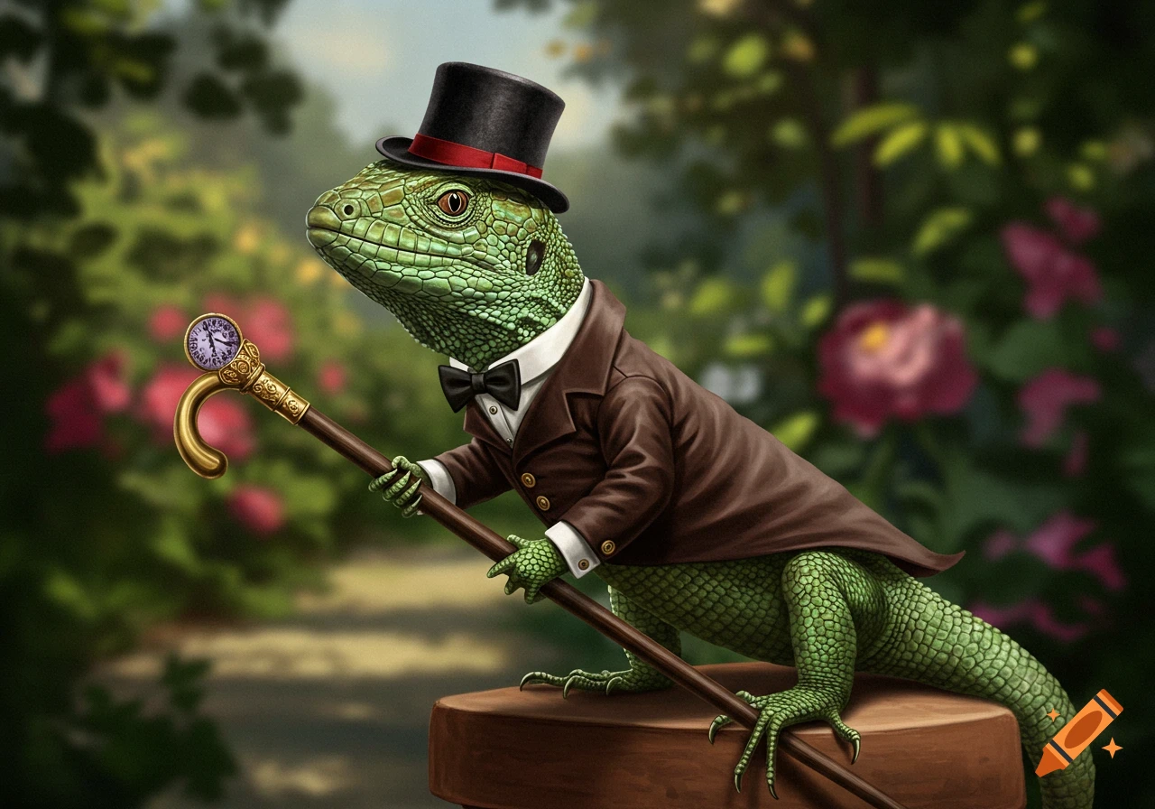 A realistic green lizard wearing a top hat and brown suit, holding a cane with a pocket watch, in a lush garden setting.