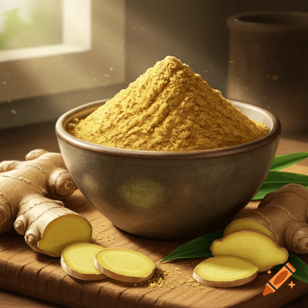 A photorealistic image of a bowl of ginger powder, with fresh ginger roots and sliced ginger on a wooden board.