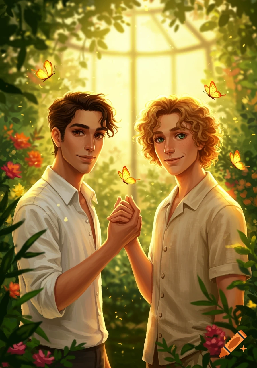 Two smiling men, one with dark hair and one with curly blonde hair, hold hands in a sunlit garden filled with butterflies and flowers, illustration.