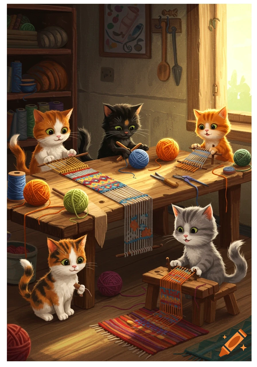 Five cartoon kittens weaving and knitting yarn in a cozy, rustic room.