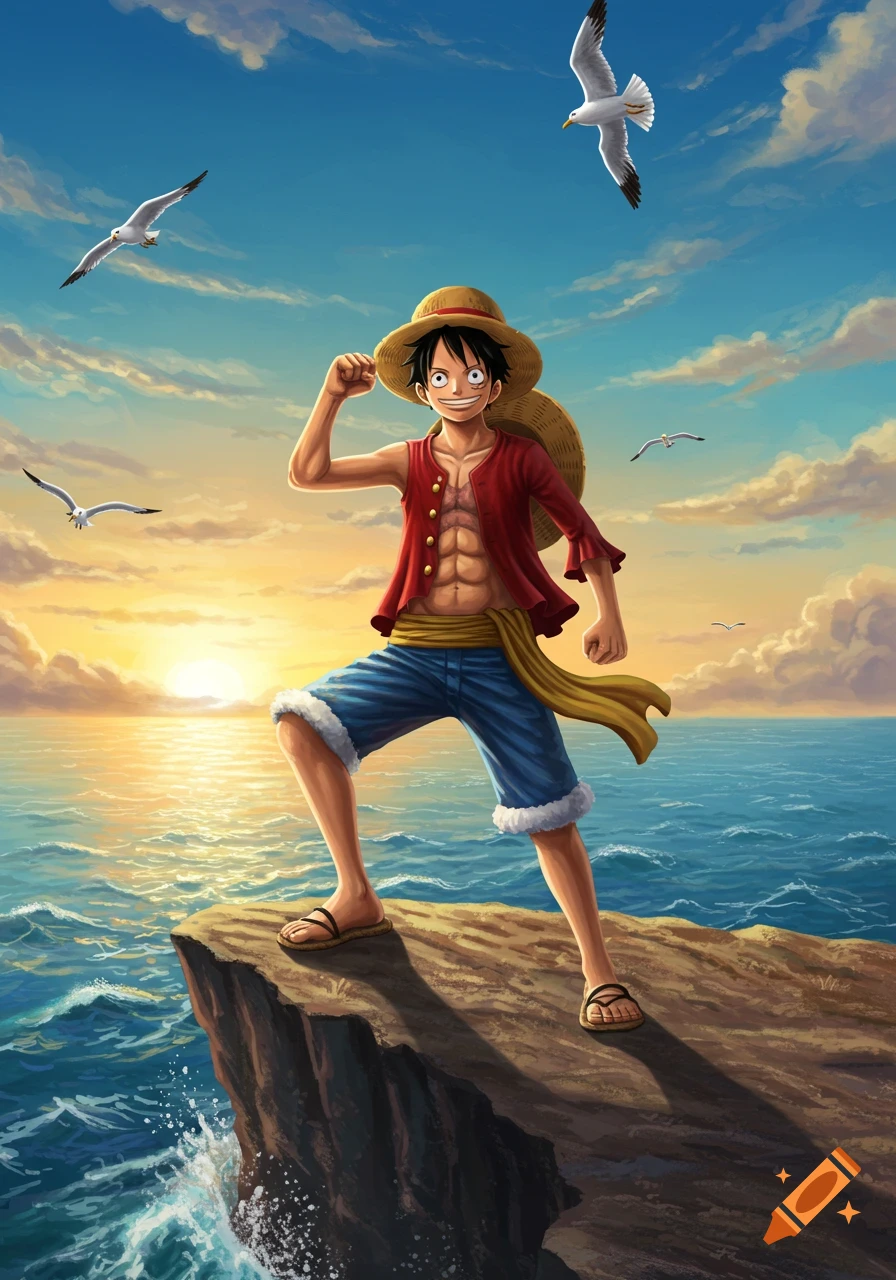 Luffy from One Piece stands on a cliff overlooking a vibrant ocean sunset with seagulls, in an anime art style.