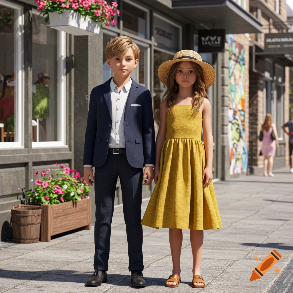 Two young children, a boy in a suit and a girl in a yellow dress and hat, stand on a sidewalk in front of shops. Photorealistic style.