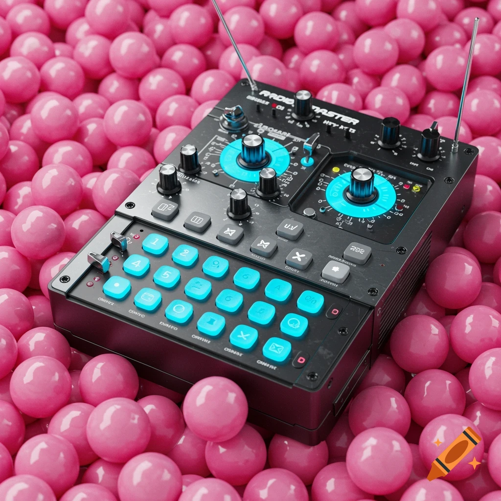 A black RadioMaster Boxer transmitter with glowing blue buttons resting in a pile of shiny pink gumballs, photorealistic style.