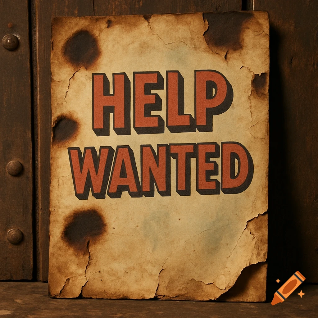 A retro 'HELP WANTED' poster on aged, burnt, and torn paper, set against a dark wooden background.
