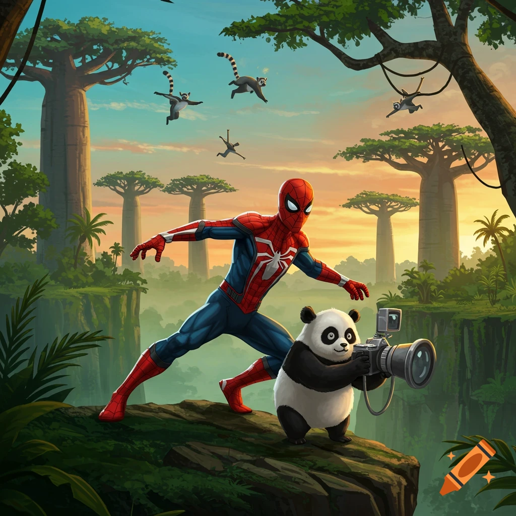 Illustrated scene of Spider-Man and a panda photographer in a lush jungle with baobab trees and lemurs.