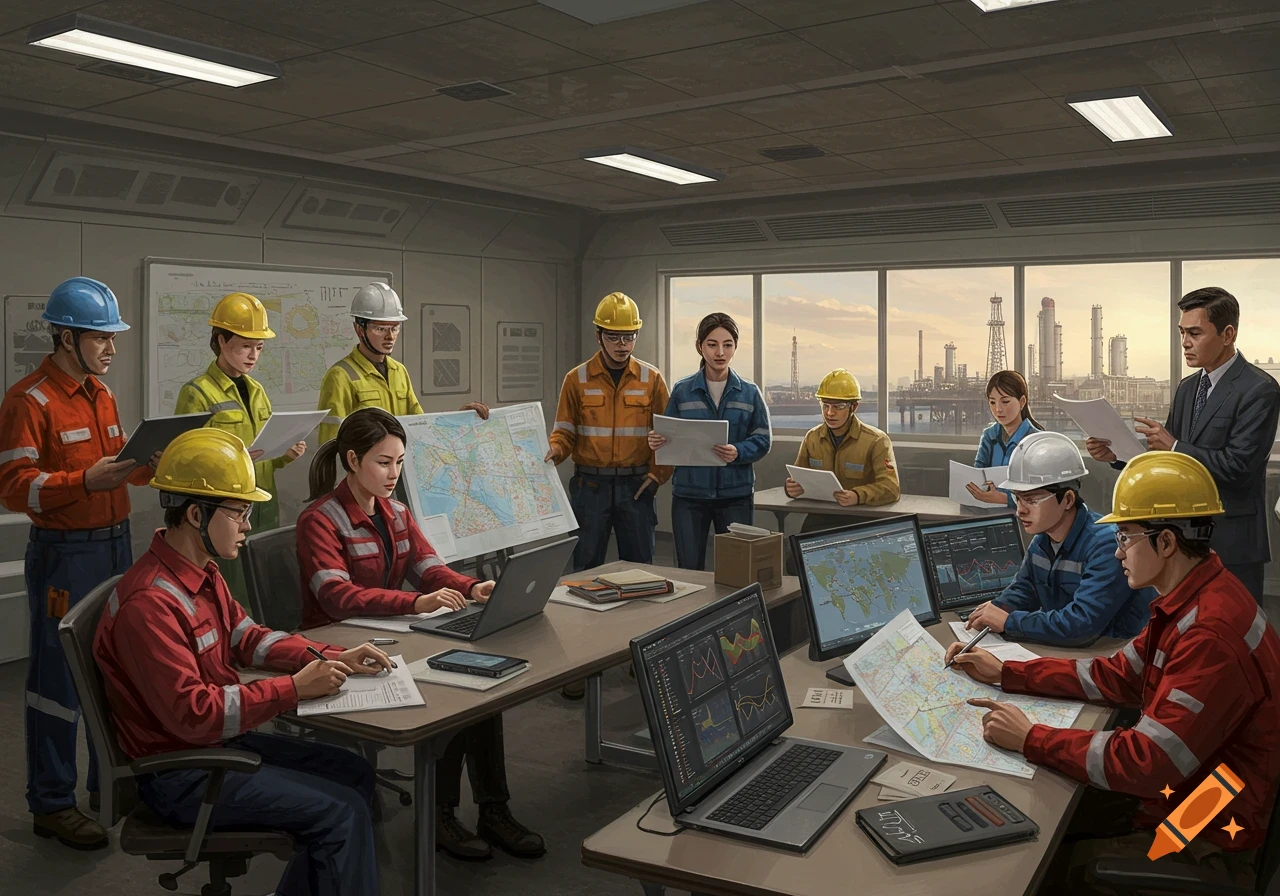 Engineers and workers in an industrial office reviewing maps and data on laptops, with an oil refinery visible through the window.