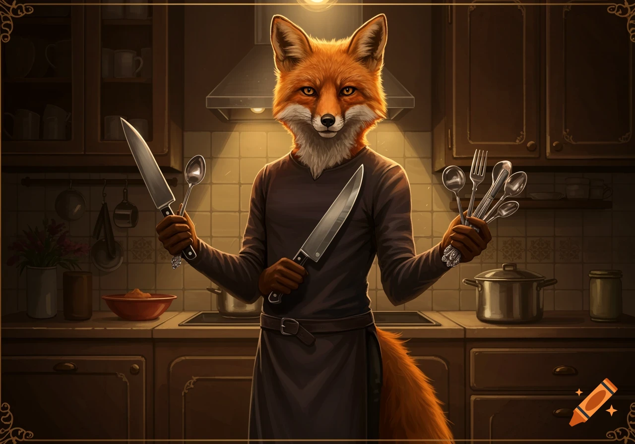 An anthropomorphic fox wearing an apron stands in a kitchen, holding a large knife in one hand and various eating utensils in the other.