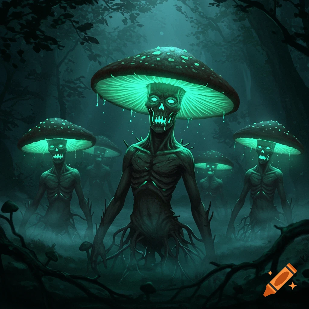Humanoid mutant mushrooms with glowing skull faces and drippy features emerge from mist in a dark, eerie forest.
