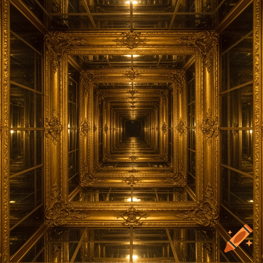 A dazzling infinity mirror creates an endless tunnel of ornate golden frames and reflections.