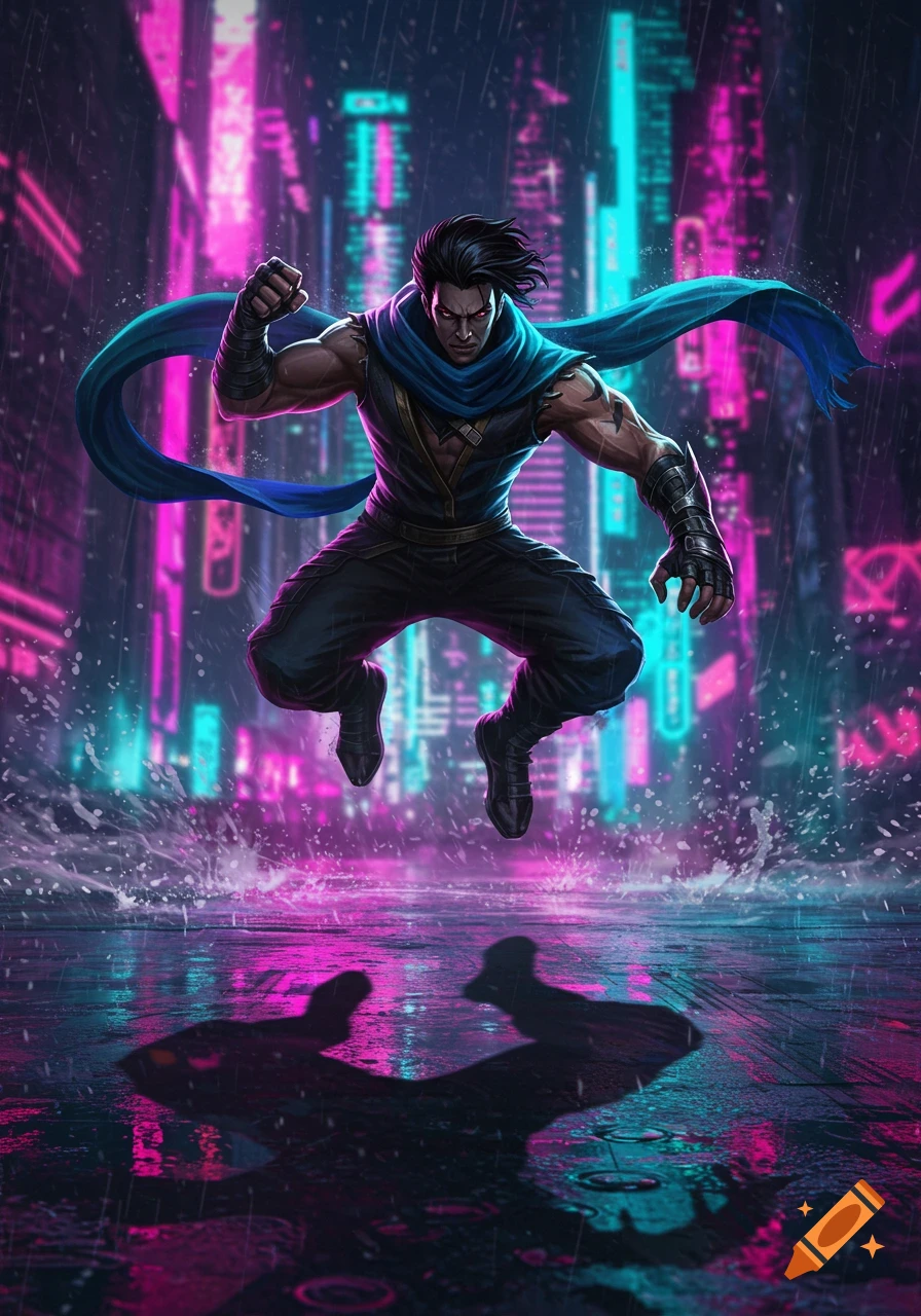 A muscular male character in a blue scarf leaps over a wet, neon-lit cyberpunk city street, creating splashes.