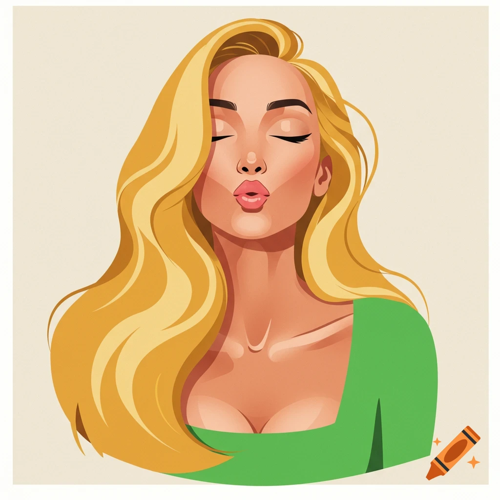 An illustration of a blonde woman with closed eyes and puckered lips, wearing a green top.