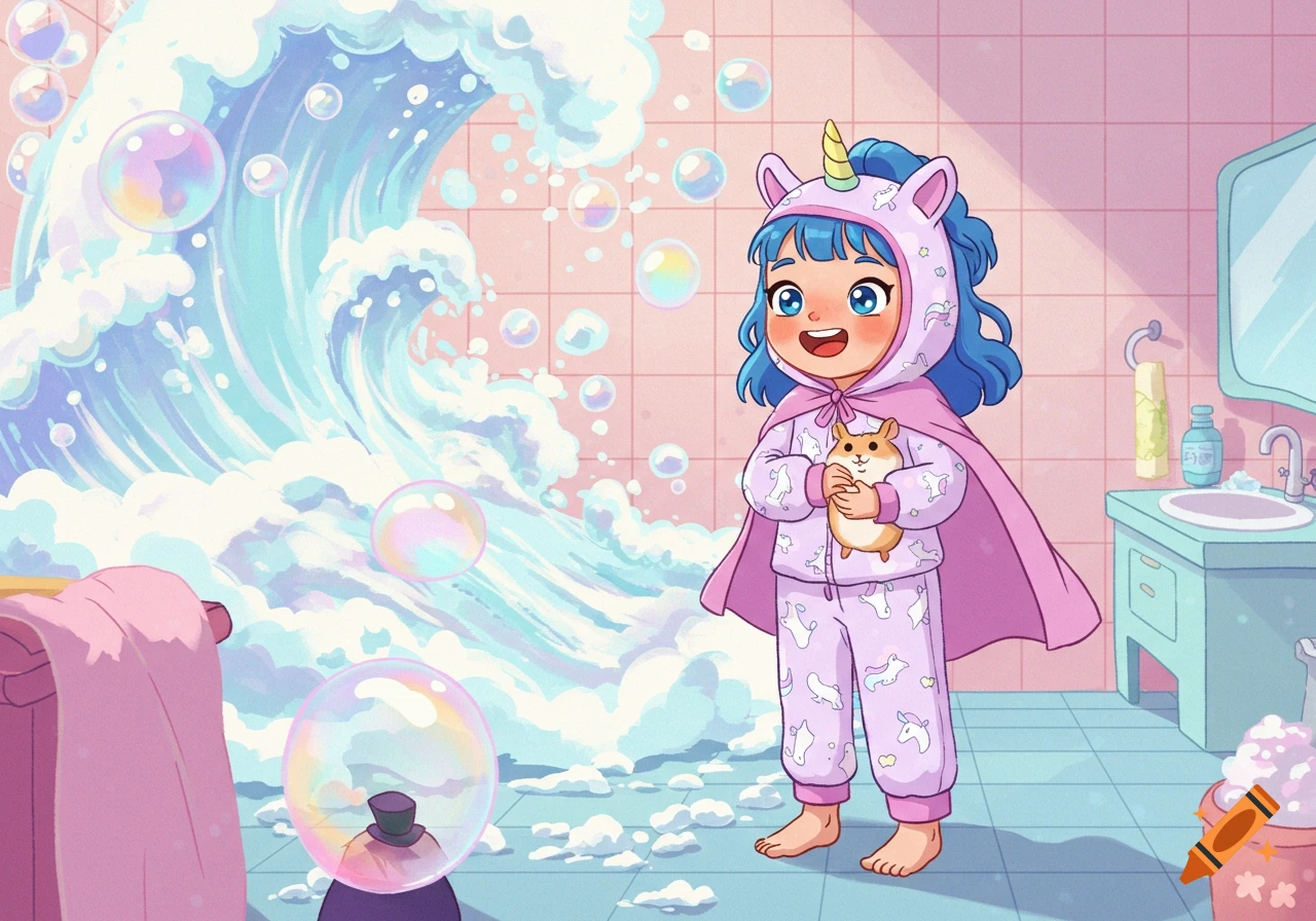 Cartoon girl in unicorn pajamas and cape, holding a hamster in a bubbly bathroom with a huge wave of bubbles.